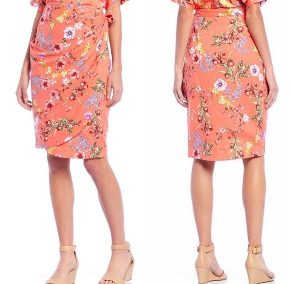 NWT Gibson Latimer Floral Wrap Linen Blend Skirt Melon Coral Midi Sm Beach